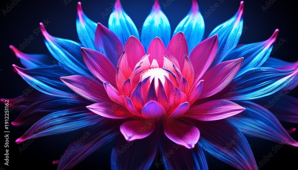 Fototapeta premium synthetic flower opening with a hot pink neon core and deep blue petals creating a bold sci fi botanical concept