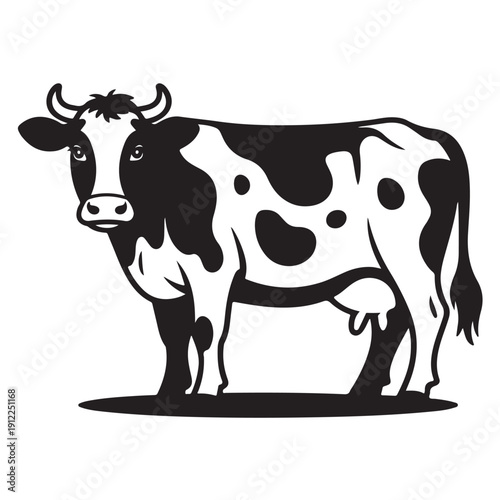Black and white vector illustration of spotted dairy cow standing looking forward showing horns and udder