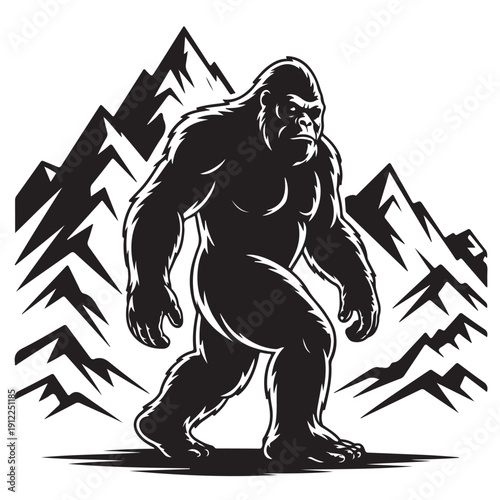 Black silhouette vector drawing of bigfoot sasquatch walking in front of jagged mountain range and pine trees