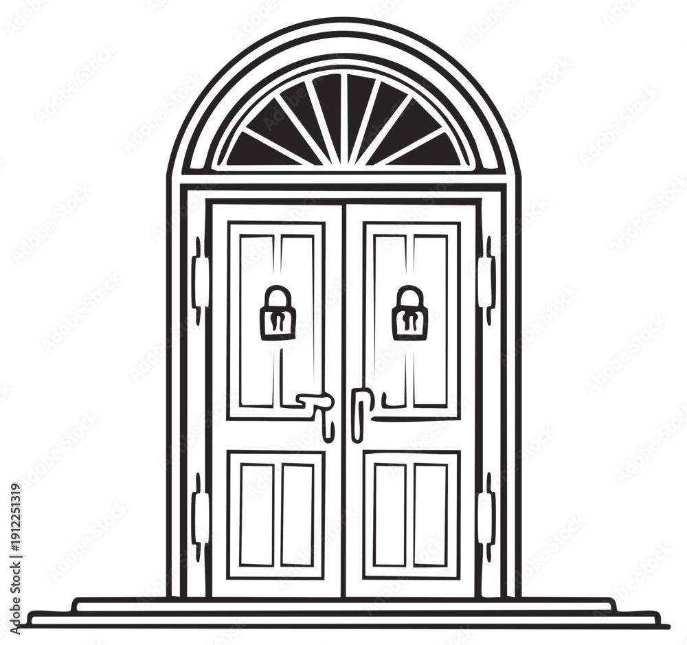Fototapeta premium Black and white illustration of double door with lock detail