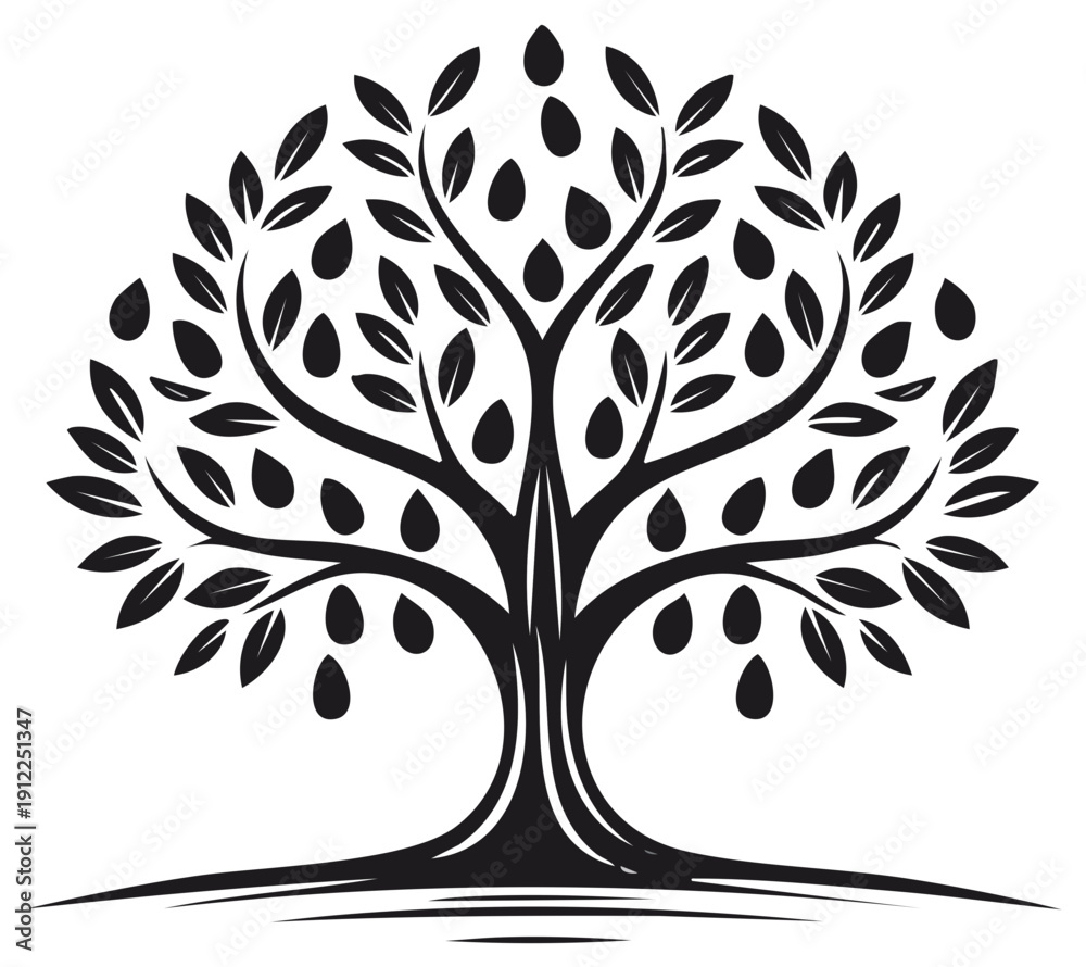 Obraz premium Stylized Tree Silhouette with Fruits and Foliage in Black and White Vector Design