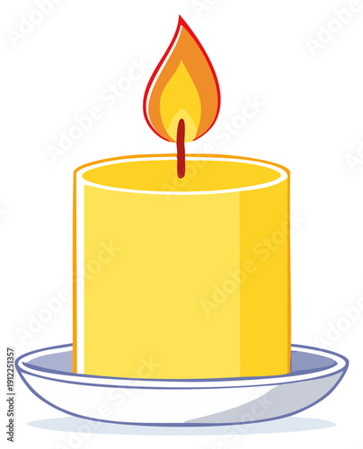 A bright yellow pillar candle with a vibrant flame rests on a simple white dish, illustrated in a clean, modern style.