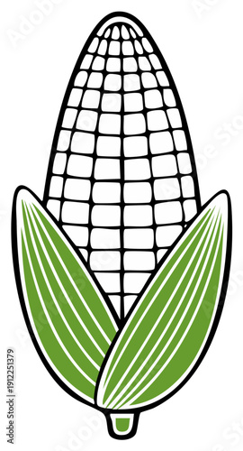 Stylized Corn Cob Illustration With Green Husks and Black Outline