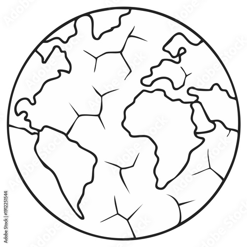 Simple line art illustration of a cracked globe symbolizing environmental drought and planetary vulnerability