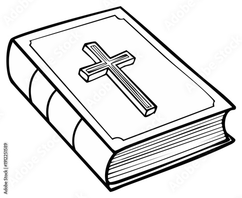 Simple black and white line art of a Holy Bible with a cross on the cover