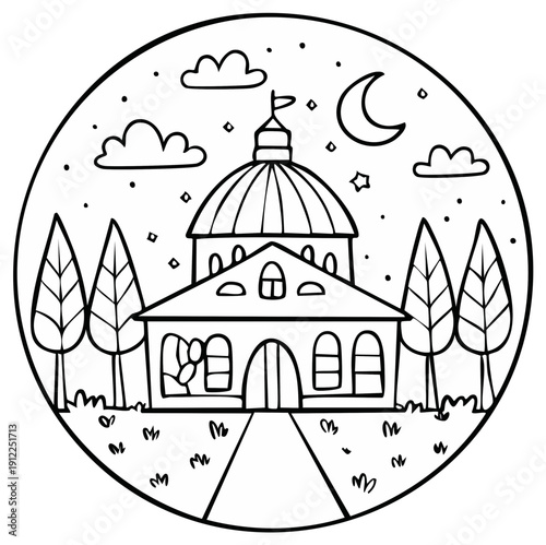 Whimsical building with dome and trees under moonlit sky and stars