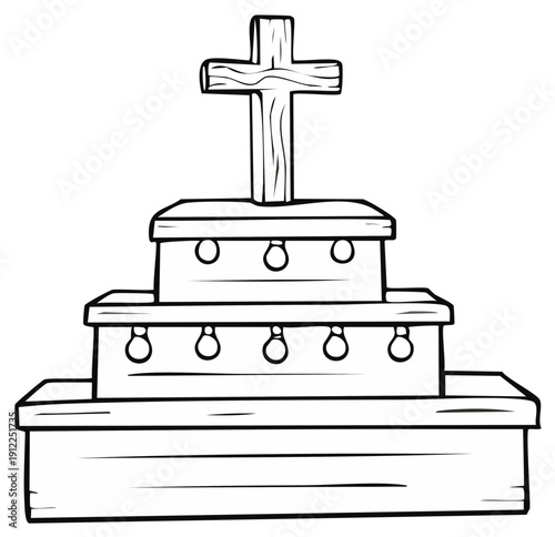 Cartoon wooden cross on a tiered structure, decorative design.