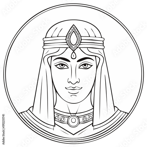 Stylized Portrait of a Woman with Middle Eastern Headwear and Jewelry