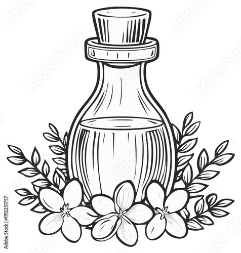 Apothecary Bottle Illustration with Flowers and Foliage, Organic Herbal Extract, Natural Treatment Outline