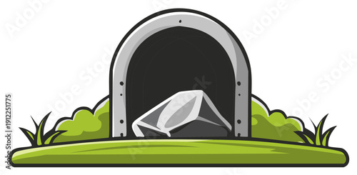 Cartoon Tomb Entrance with Stone and Grass