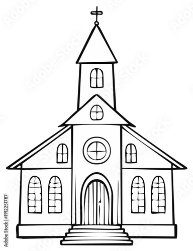 Black and white cartoon illustration of a church building with a cross atop the steeple