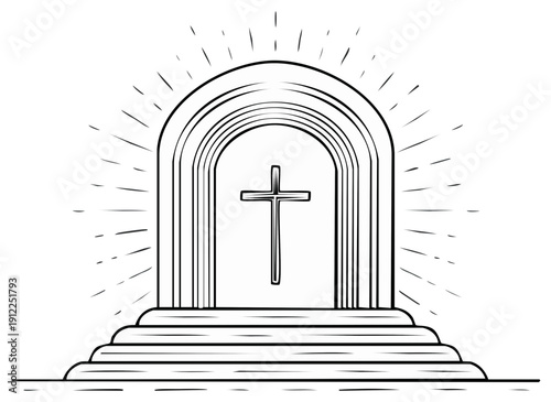 Religious archway with a cross silhouette radiating light and steps leading up.