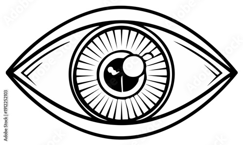 Graphic illustration of an eye. Monochrome drawing of a human eye with detailed iris.