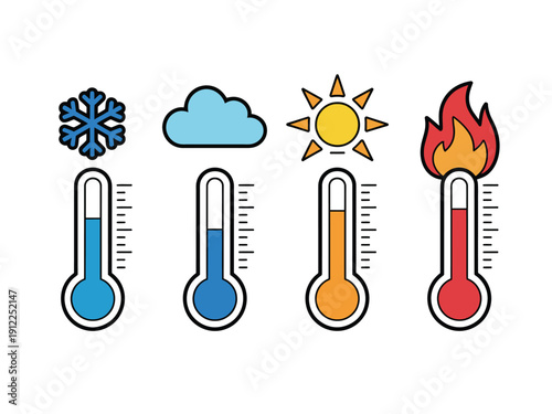 A colorful illustration of temperature icons showing different weather conditions and thermometer readings.