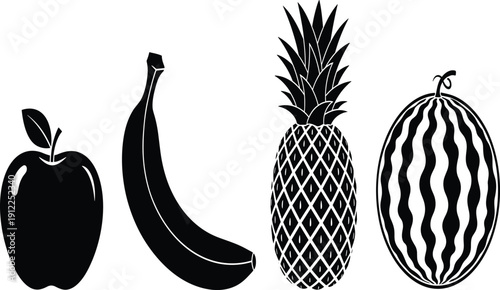 Set of black fruit silhouettes including apple banana pineapple and watermelon icons, healthy food symbols for grocery logo, cad drawing flat vector illustration