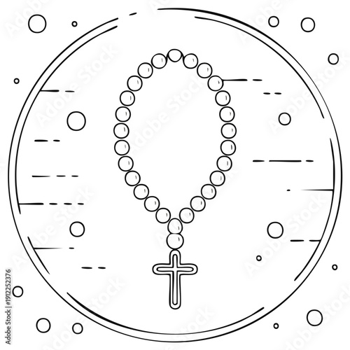 Outline drawing of Christian rosary beads with cross pendant in circular geometric decoration