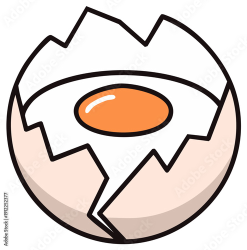 Cartoon cracked eggshell with a yolk and egg white illustration, breakfast or food concept
