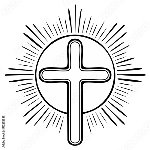 Christian Cross Drawing Inside Circle with Radiating Lines, Symbol of Faith, Religion and Spirituality, Black and White Graphic