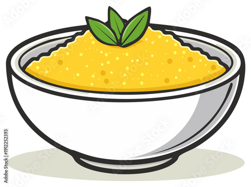 Bright Yellow Porridge in White Bowl Garnished with Green Leaves