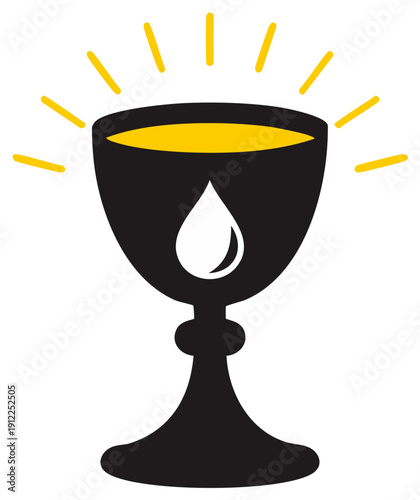 Stylized Black Chalice with Golden Liquid and White Water Droplet Graphic Icon