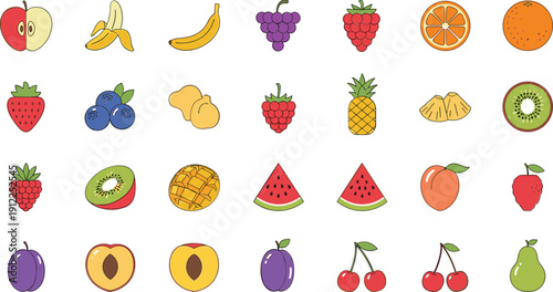 Colorful illustrations of various fresh fruits for healthy eating and nutrition