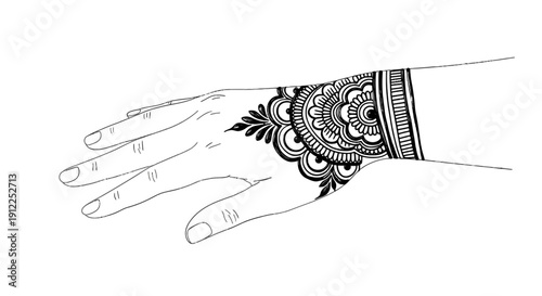 Detailed mehndi wrist ornament design on female hand with traditional circular floral patterns