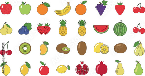 Vibrant collection of colorful fruits in modern flat design