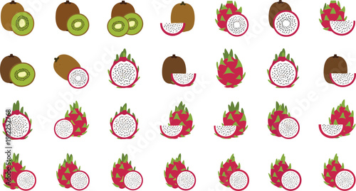 Vibrant collection of kiwi and dragon fruit illustrations