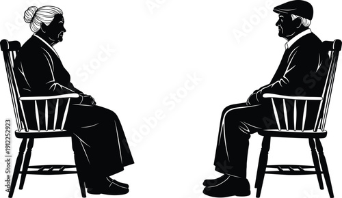 PrintSilhouettes of an elderly man and woman sitting in chairs facing each other, senior couple retirement companionship concept, cad drawing flat vector illustration
