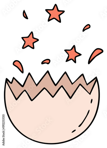 Cracked eggshell with stars and confetti flying out new beginning concept doodle illustration