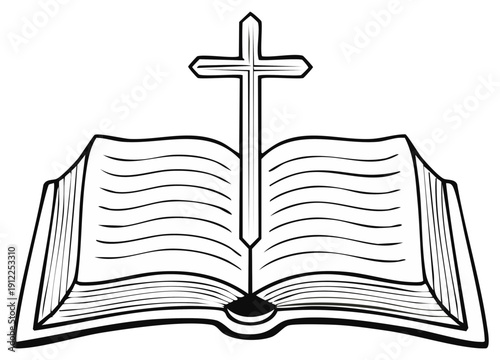 Religious line art drawing depicting an open Bible book with a prominent Christian cross symbol representing faith spirituality and worship