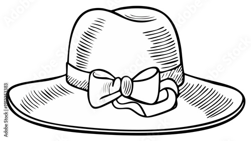 Hand drawn hat with a bow black and white summer fashion accessory sketch vector design