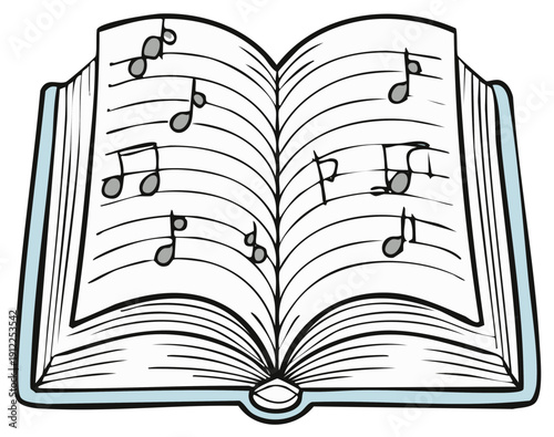 Open music book with musical notes on staff paper illustration for education and melody