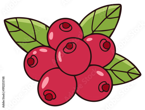 Cluster of ripe red lingonberries with green leaves cartoon illustration