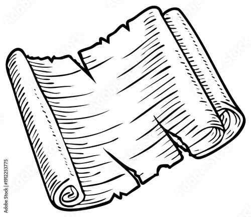 Antique scroll illustration, rolled up parchment paper, sketch art, empty space