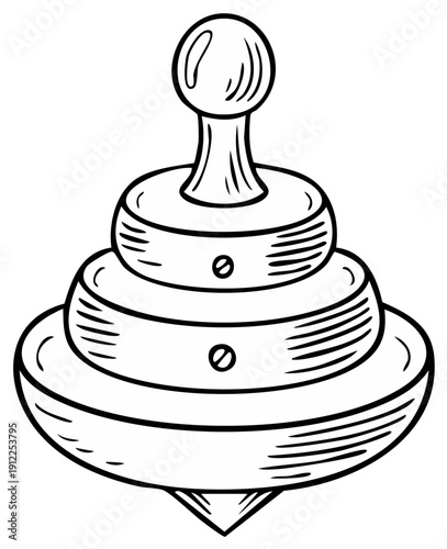 Classic wooden spinning top illustration, retro toy, whirligig object