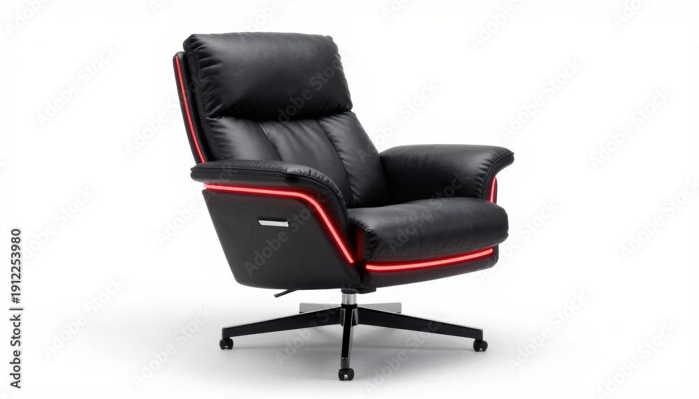 Fototapeta premium Modern recliner chair design for home office black leather interior decor minimalist style side view comfort and aesthetics