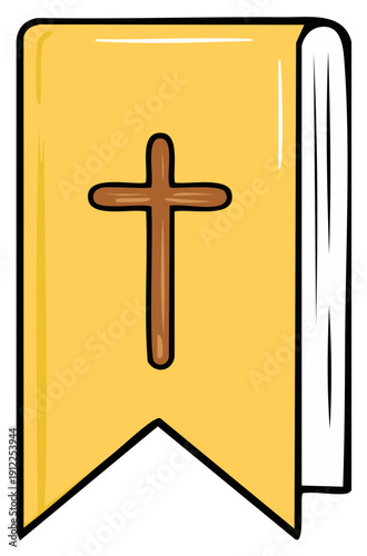 Illustrated book with a cross symbol. Religious illustration.