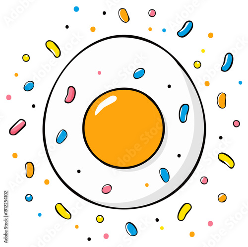 Playful cartoon fried egg with colorful sprinkles and sweet candy confetti