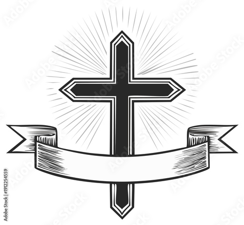 Christian Cross with Radiant Rays and Empty Ribbon Banner for Text