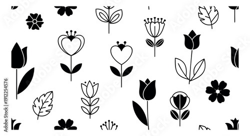 Modern graphic floral elements set featuring various flowers and leaves for design projects