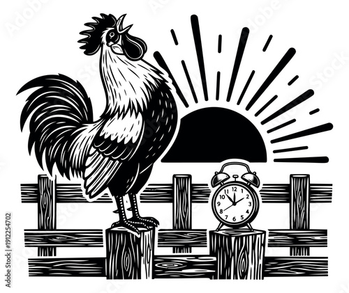 Woodcut style illustration of a crowing rooster and alarm clock depicting morning awakening for rural and daily routine concepts