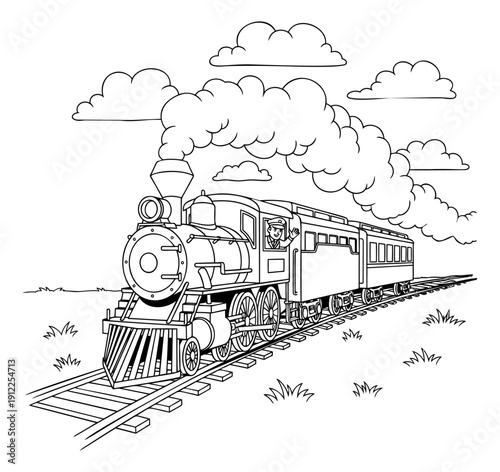 Hand drawn line art illustration of a steam train depicting a waving driver for a children's design