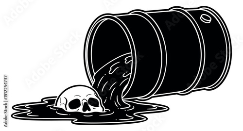 Bold line art illustration of a toxic waste spill depicting a skull in hazardous liquid for environmental awareness