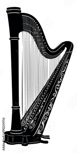 Decorative illustration of a harp depicting its elegant form for music and cultural themes