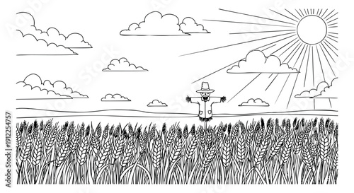 Hand drawn line art illustration of a scarecrow in a wheat field depicting a rural farm scene under the sun for nature or agriculture concepts
