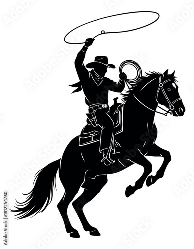Line art illustration of a cowboy on a rearing horse depicting a lasso throw for a western theme