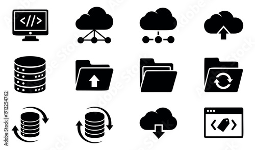 Solid glyph icon set featuring data, cloud computing, and programming for IT services