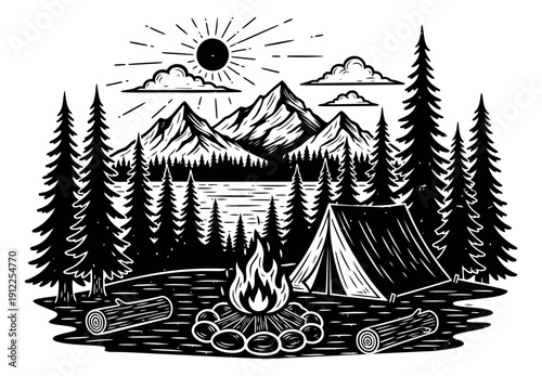 Rustic hand drawn illustration of a mountain camping scene depicting a tent, campfire, and forest by a lake for outdoor adventure and travel themes