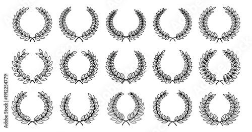 Hand drawn line art laurel wreath set featuring various award and victory designs for branding and decoration